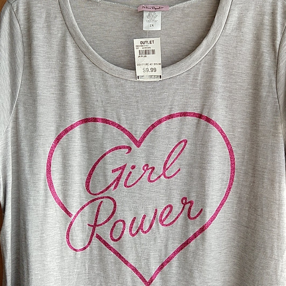 Miss Popular, Jr 2X gray/sparkle pink heart shirt